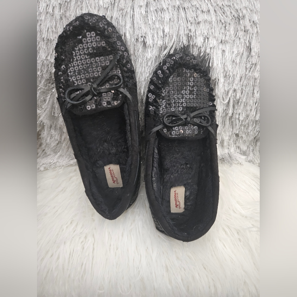 Barely worn sequined black fuzzy  loafers